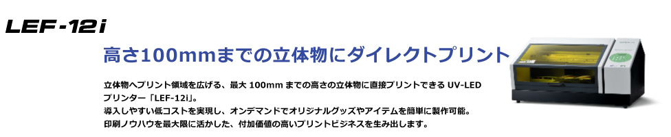 立体物へプリント領域を広げる、最大100mmまでの高さの立体物に直接プリントできるUV-LEDプリンター「LEF-12」。 導入しやすい低コストを実現し、オンデマンドでオリジナルグッズやアイテムを簡単に製作可能。 印刷ノウハウを最大限に活かした、付加価値の高いプリントビジネスを生み出します。