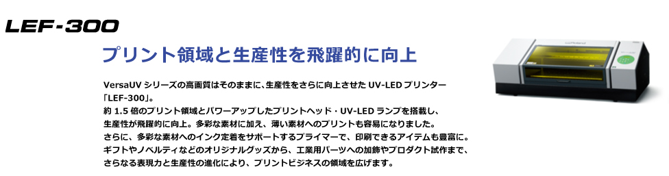 UV-LEDランプによりインクを瞬時に硬化させるECO-UVインクは、ABS、ポリカーボネートのほか、TPUや?などの柔らかな素材にもダイレクトプリントが可能です。さらに、プライマーの搭載によりアクリルやガラスなどの素材への密着をサポートし、より多くの素材への印刷が可能になりました。また、バキュームテーブルを採用し、薄手のメディアのセットが容易に。高さ100mmまでの厚物から薄手のフィルムまで、幅広い素材に対応します。